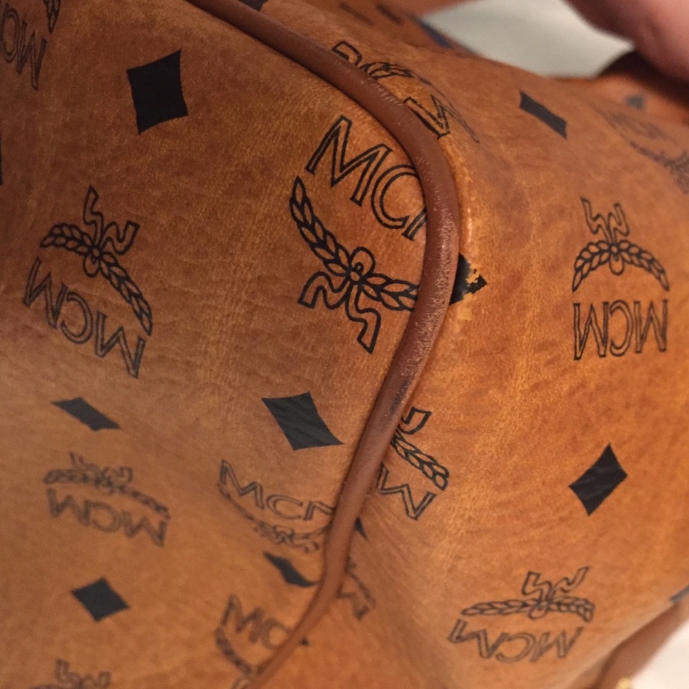 MCM Cognac Visetos Satchel with Blue Stripe - Picture 3 of 4